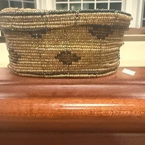 Handcrafted Authentic Kenyan Beaded Small Container With Lid - Gold and Black